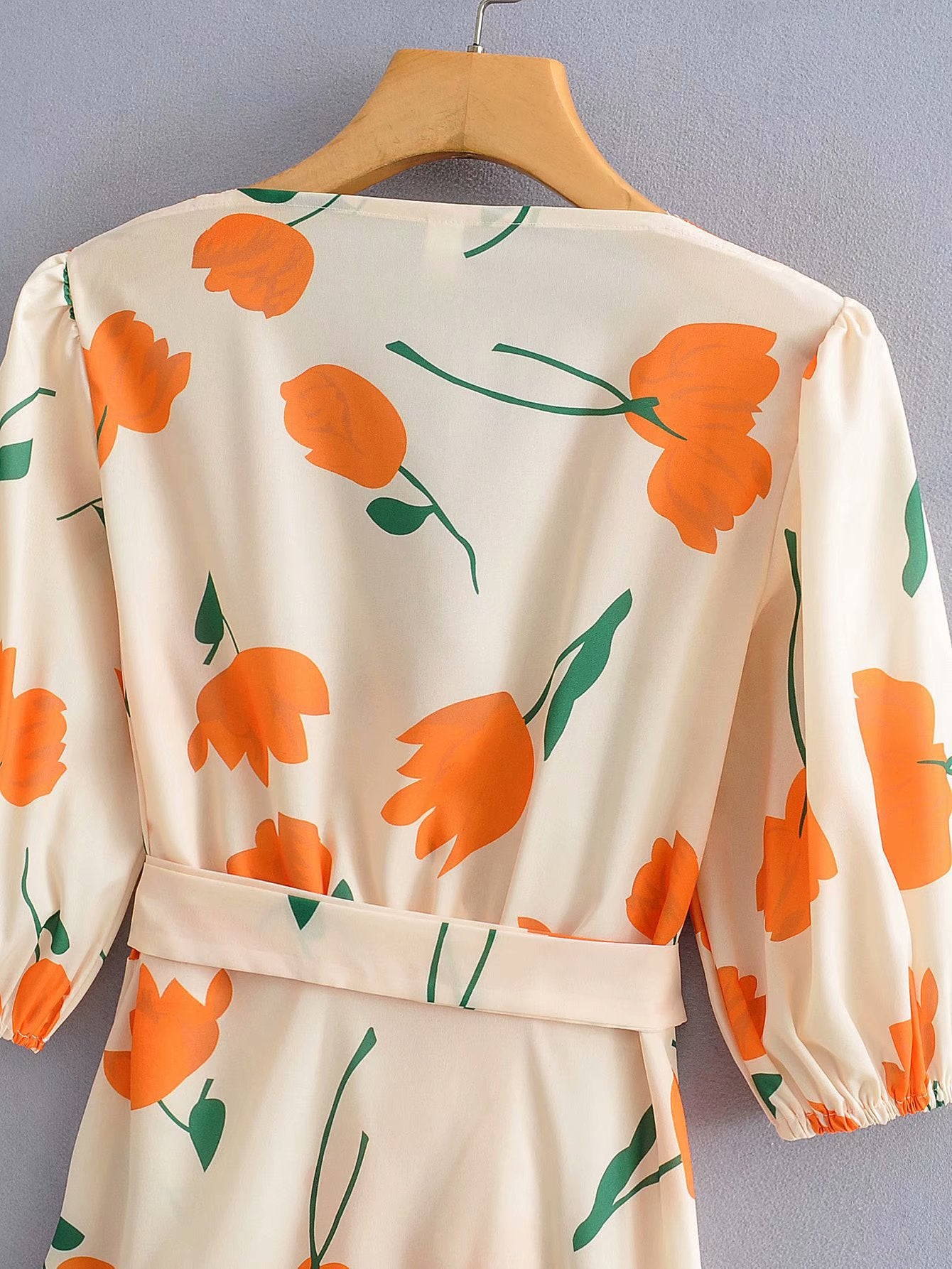 Cream and Orange Tulips Wrap Ruffle Dress