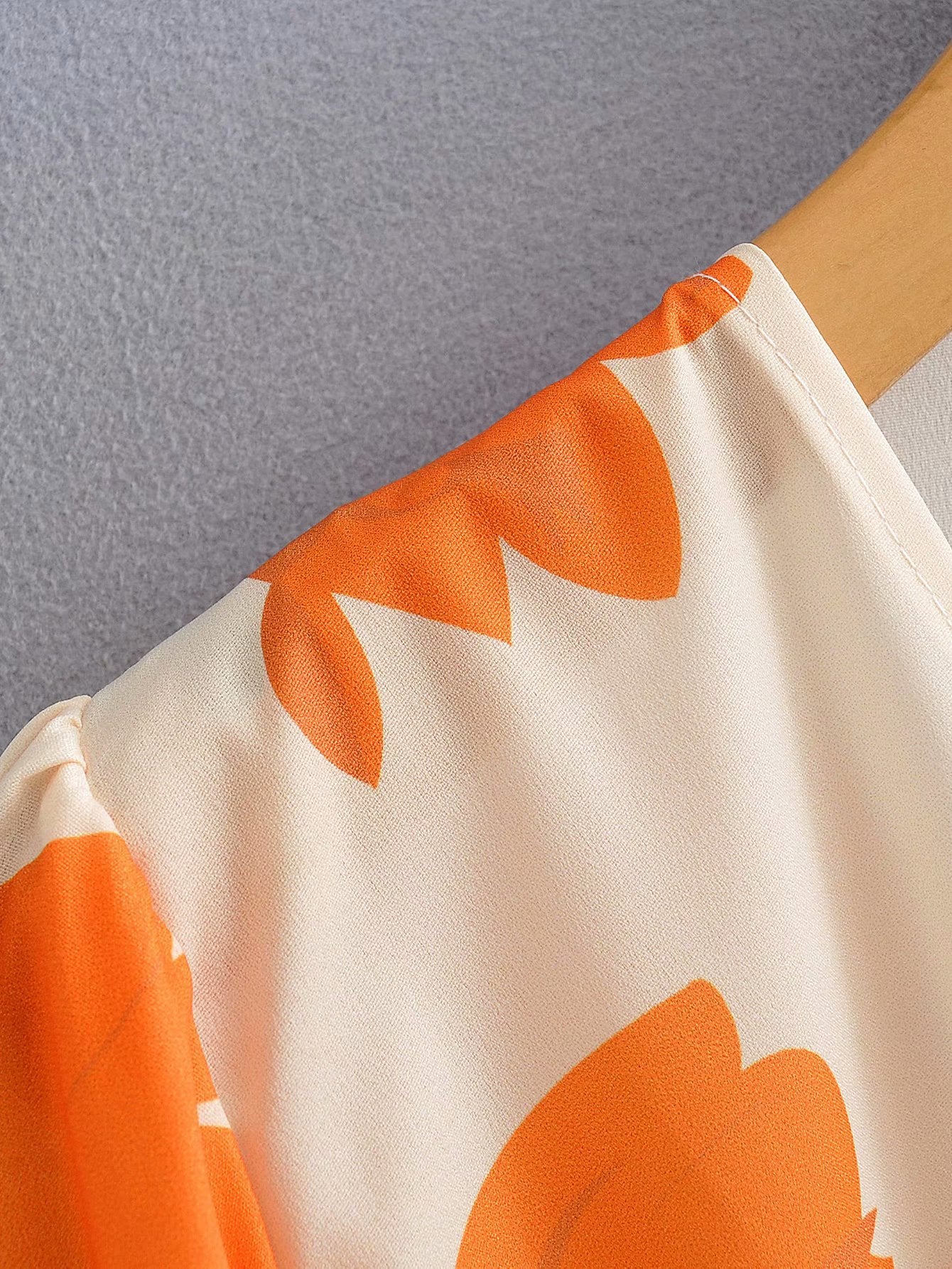 Cream and Orange Tulips Wrap Ruffle Dress