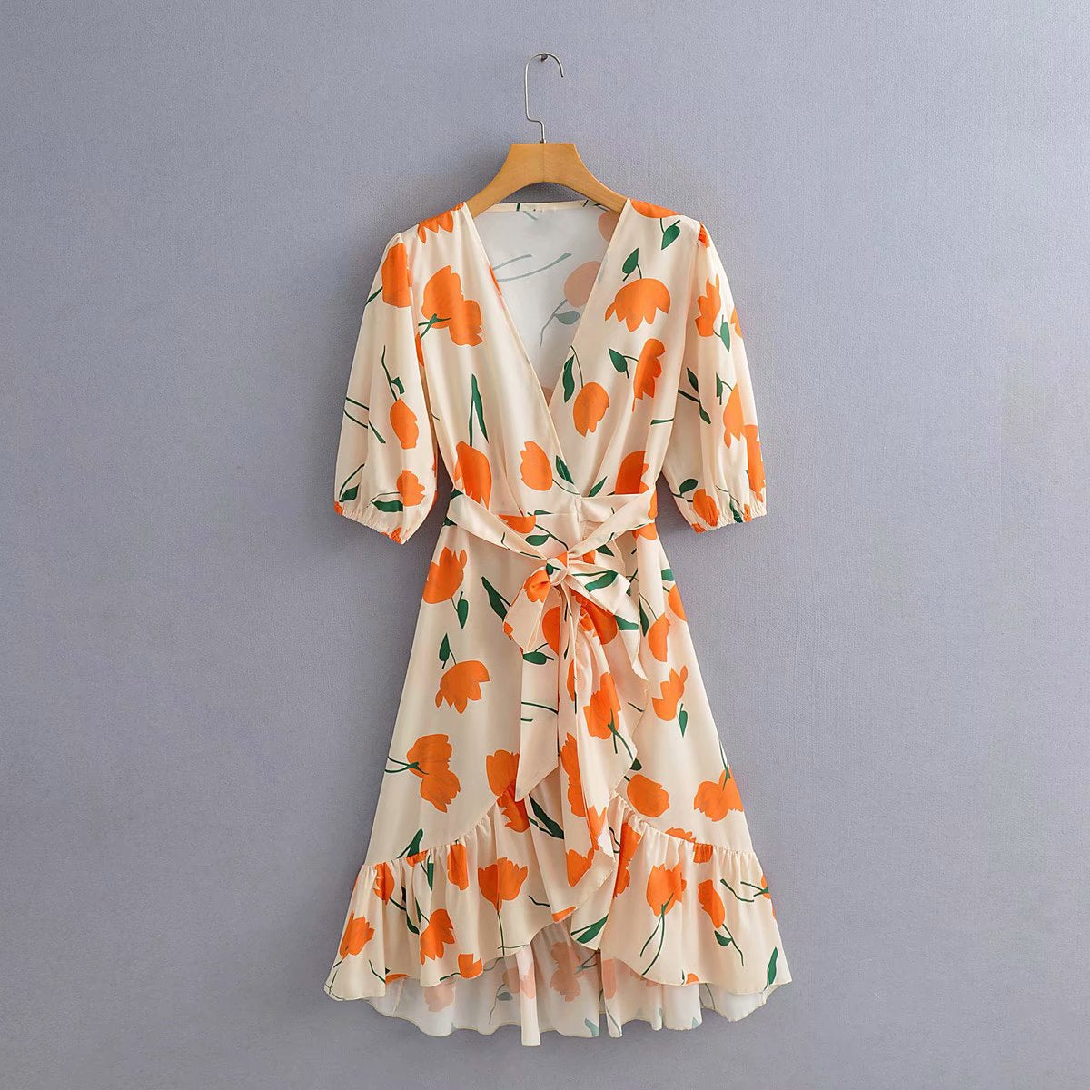 Cream and Orange Tulips Wrap Ruffle Dress
