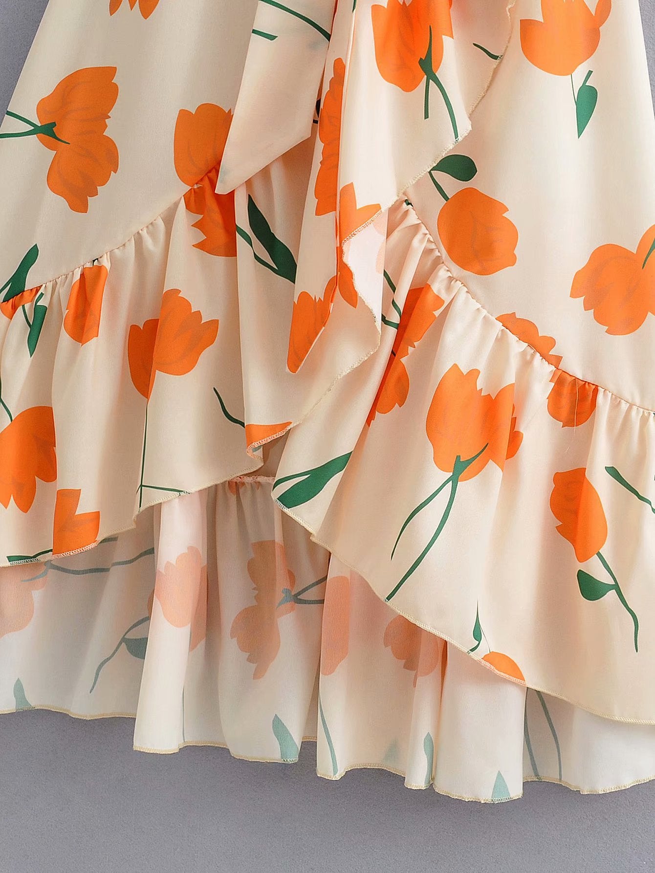 Cream and Orange Tulips Wrap Ruffle Dress