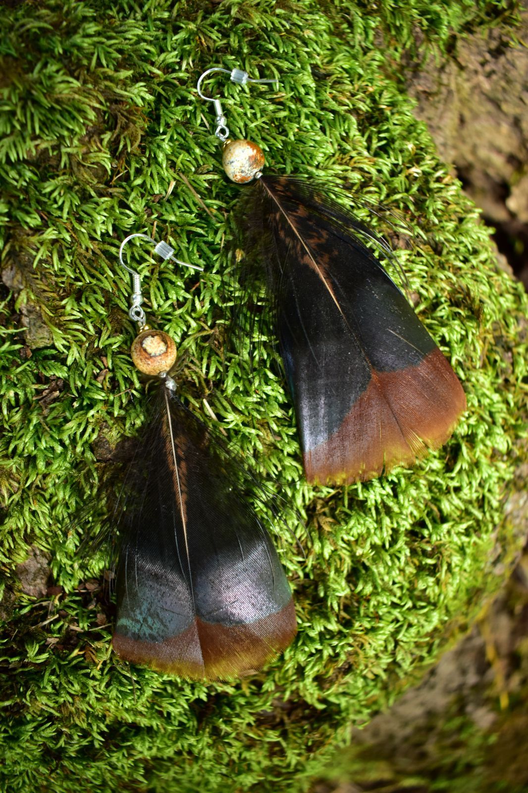 Tan Speckled Bead Turkey Feather Earrings