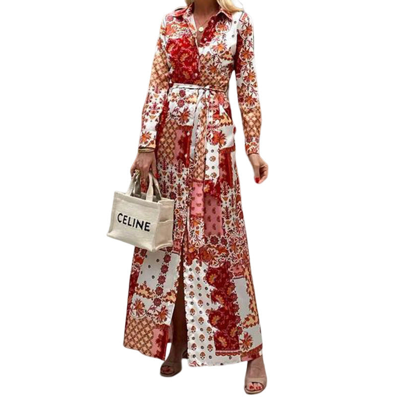Print Wrap Button Down Long Sleeve Collared Dress