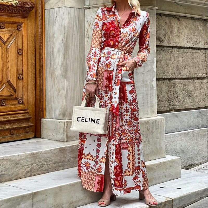 Print Wrap Button Down Long Sleeve Collared Dress