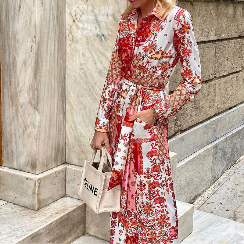 Print Wrap Button Down Long Sleeve Collared Dress