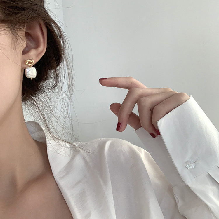Square Pearl Gold Loop Dangle Earrings