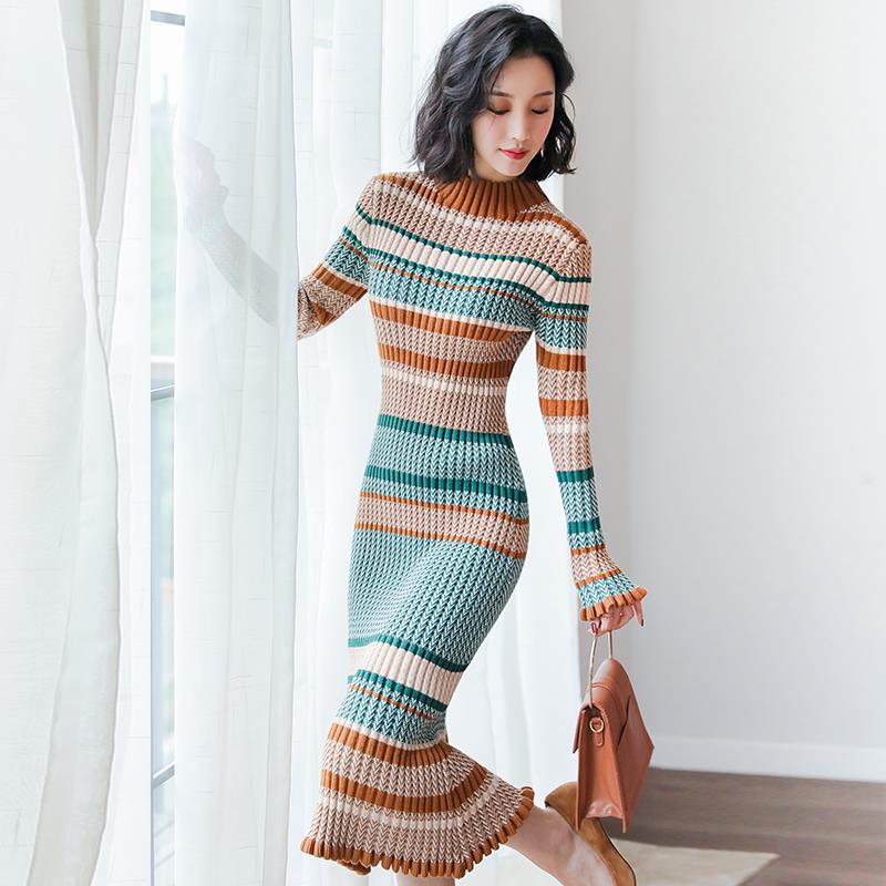 Striped Knit Turtleneck Dress