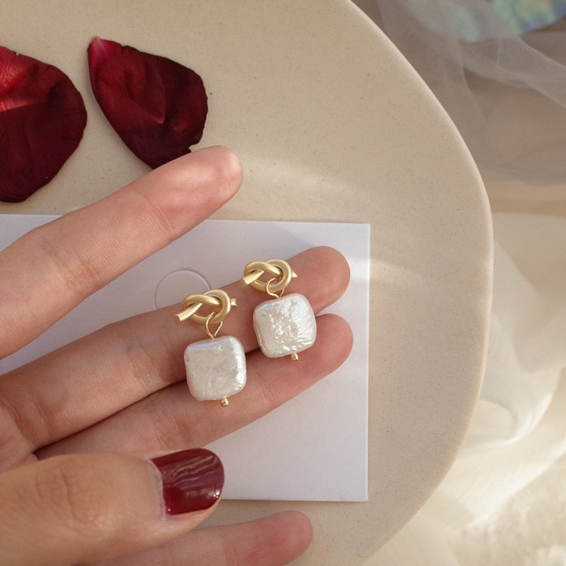 Square Pearl Gold Loop Dangle Earrings