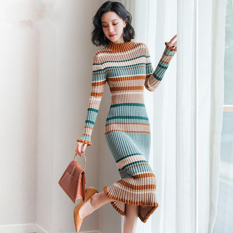 Striped Knit Turtleneck Dress