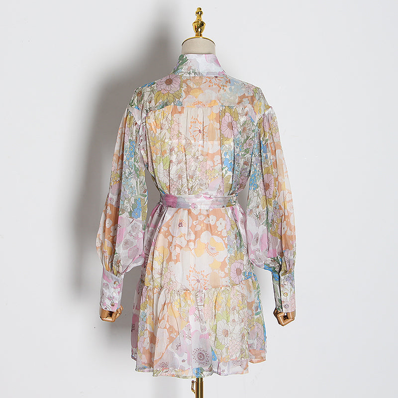 Boho Floral Sheer Lantern Sleeve Dress