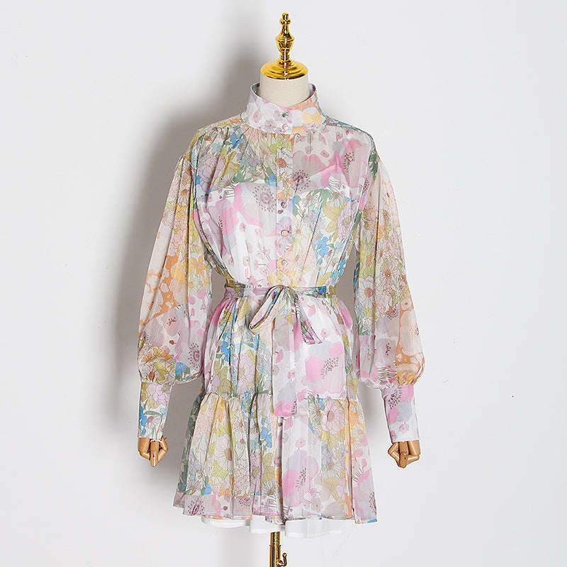 Boho Floral Sheer Lantern Sleeve Dress