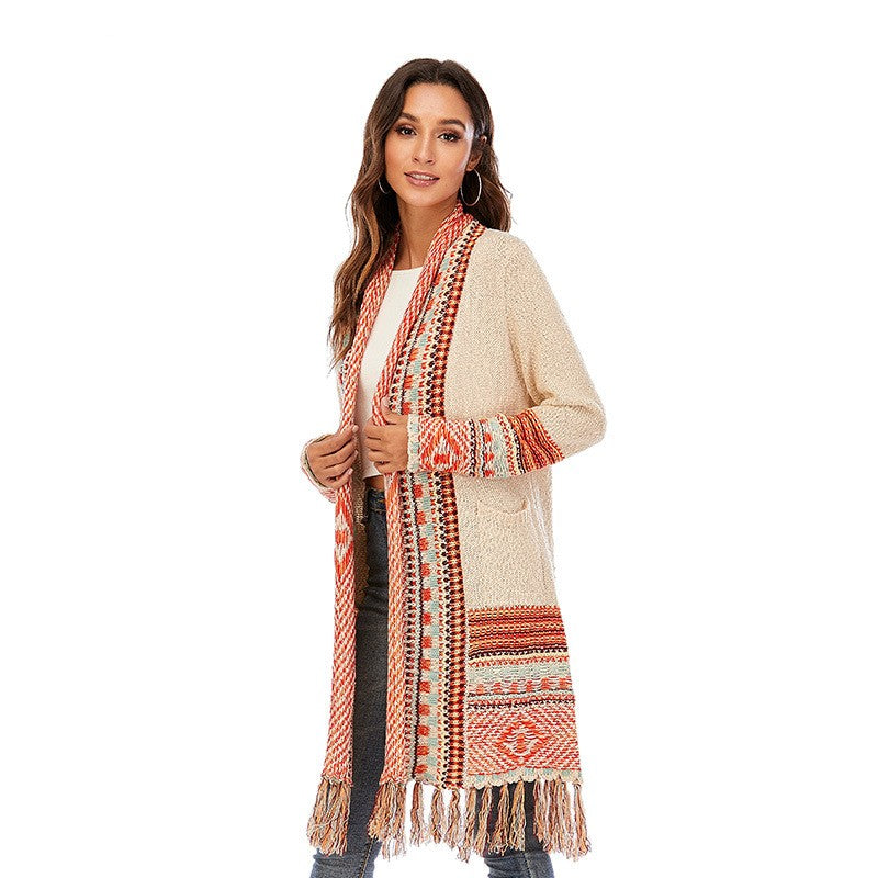 Multicolor Aztec Tassel Knit Cardigan