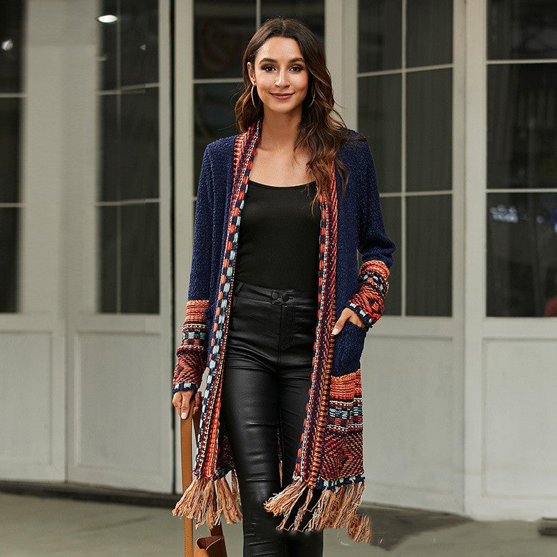 Multicolor Aztec Tassel Knit Cardigan