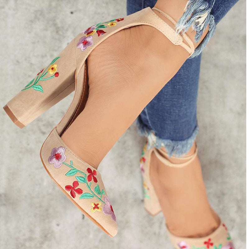 Embroidered Floral Suede Closed Toe Block Heel