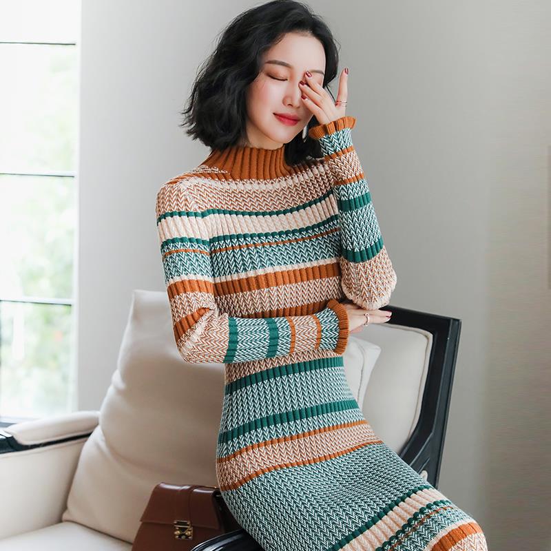Striped Knit Turtleneck Dress