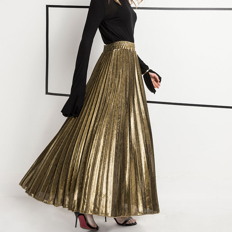 Accordion Pleated Metallic Maxi Skirt