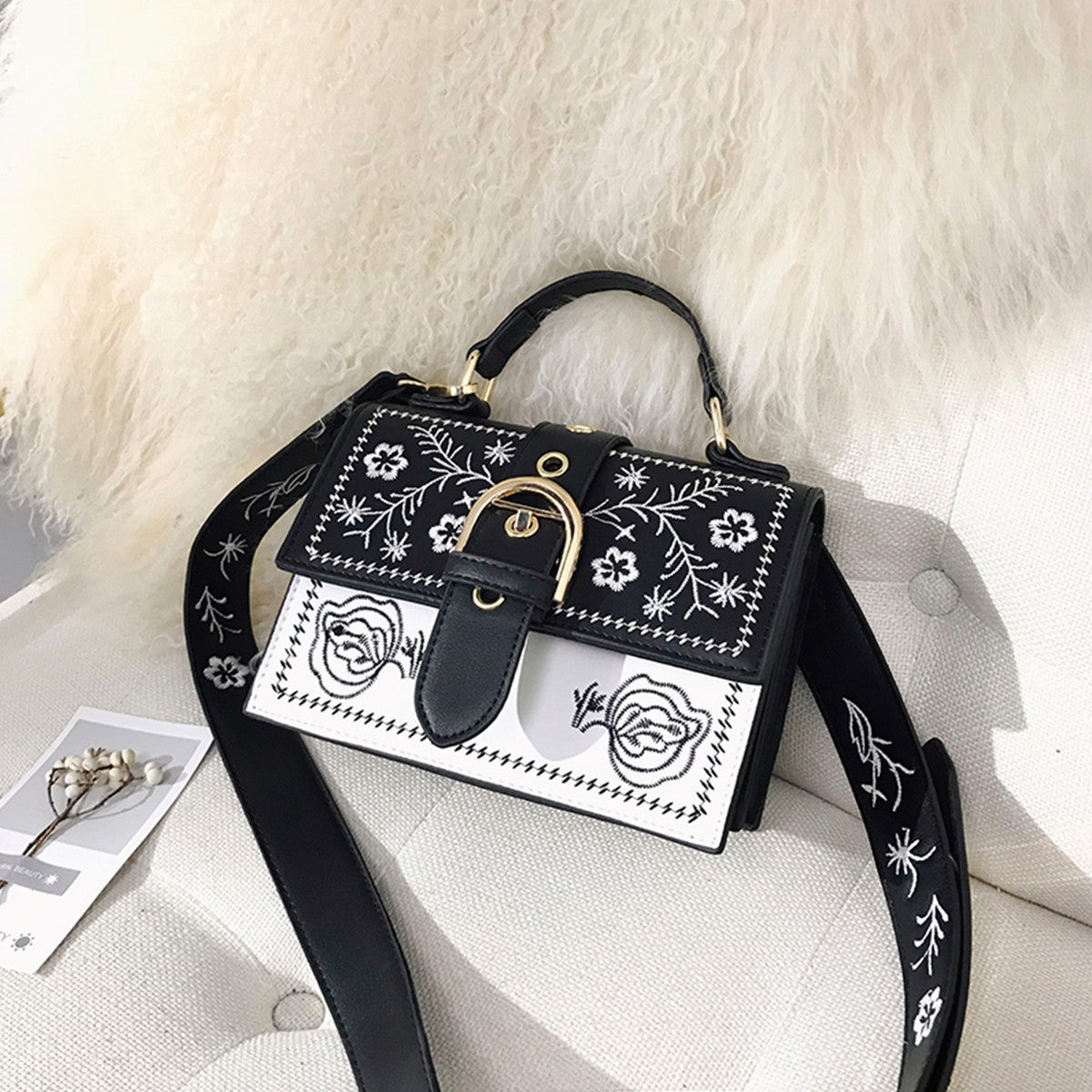 Embroidered Buckle 2 Tone Purse