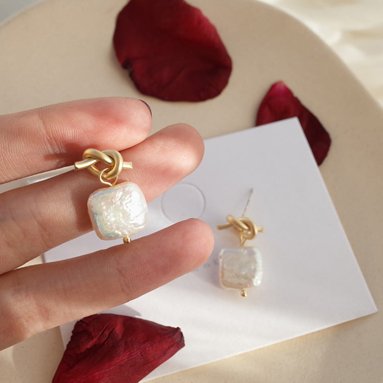 Square Pearl Gold Loop Dangle Earrings