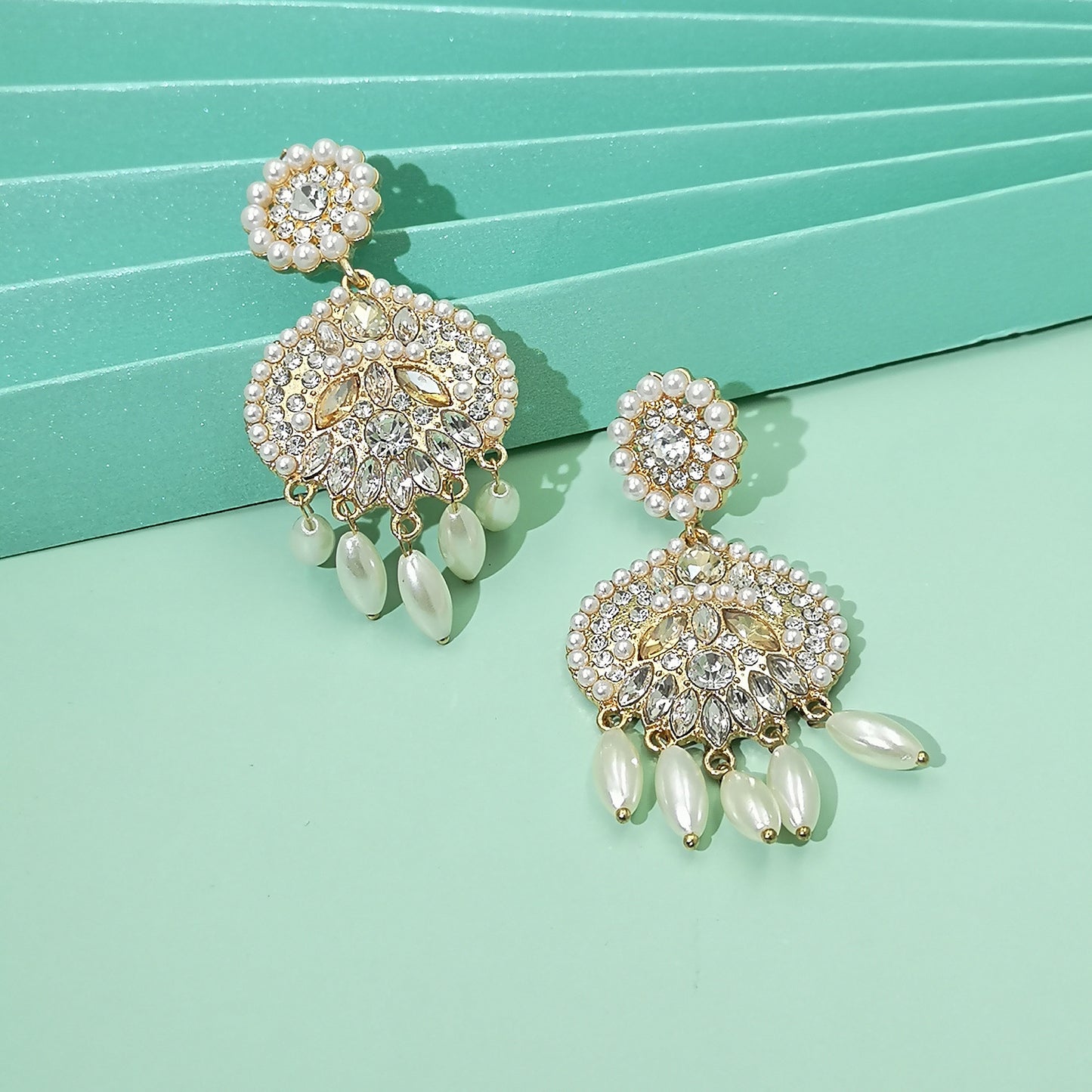 Chandelier Tassel Pearl and Rhinestone Encrusted Statement Earrings