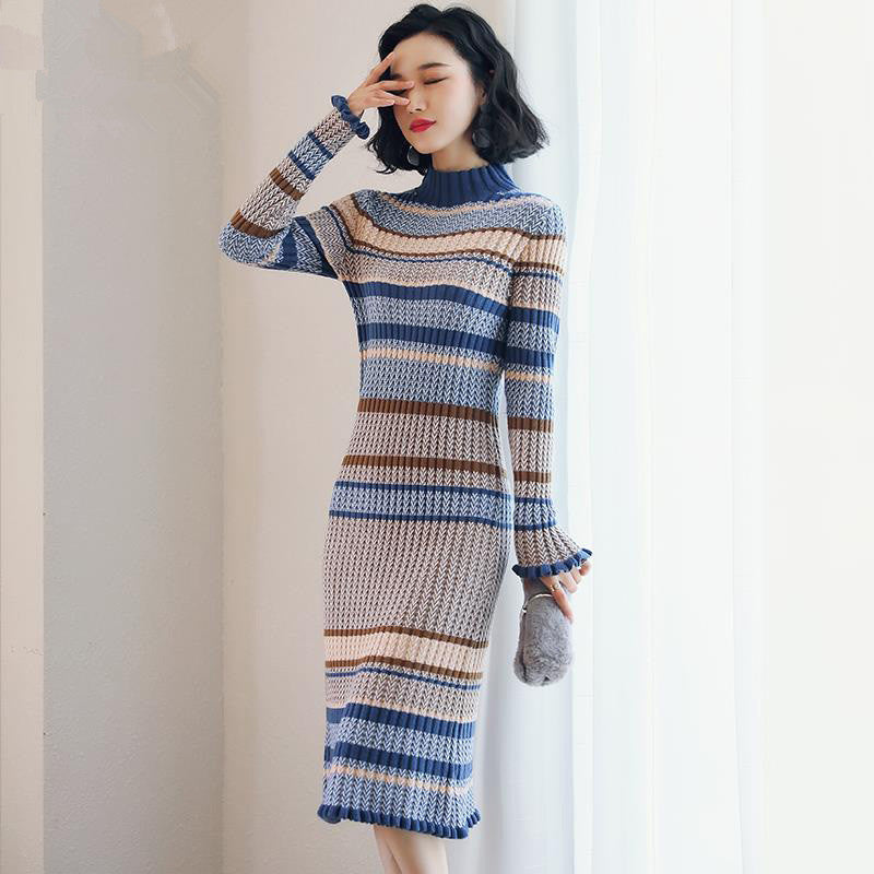 Striped Knit Turtleneck Dress