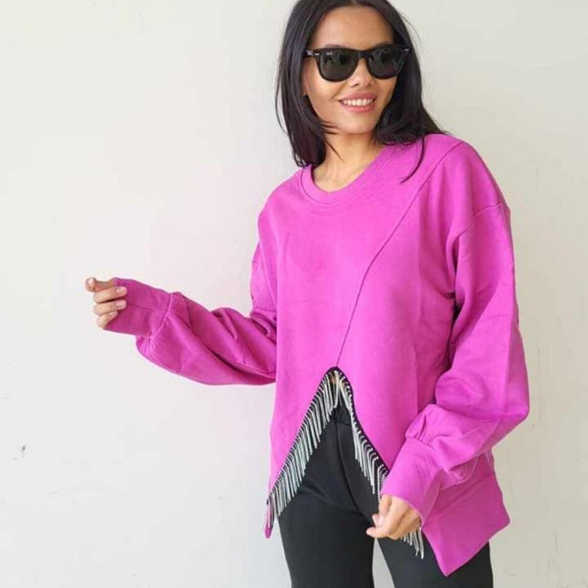 Split Rhinestone Tassel Sweater