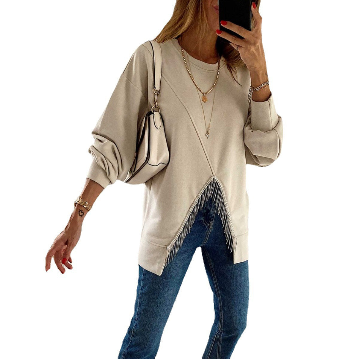 Split Rhinestone Tassel Sweater