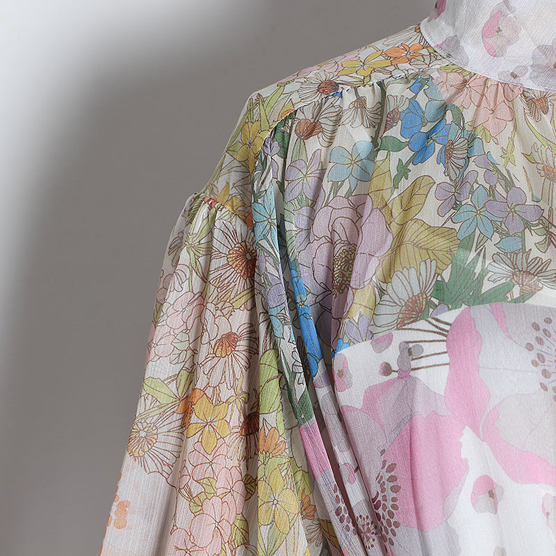 Boho Floral Sheer Lantern Sleeve Dress