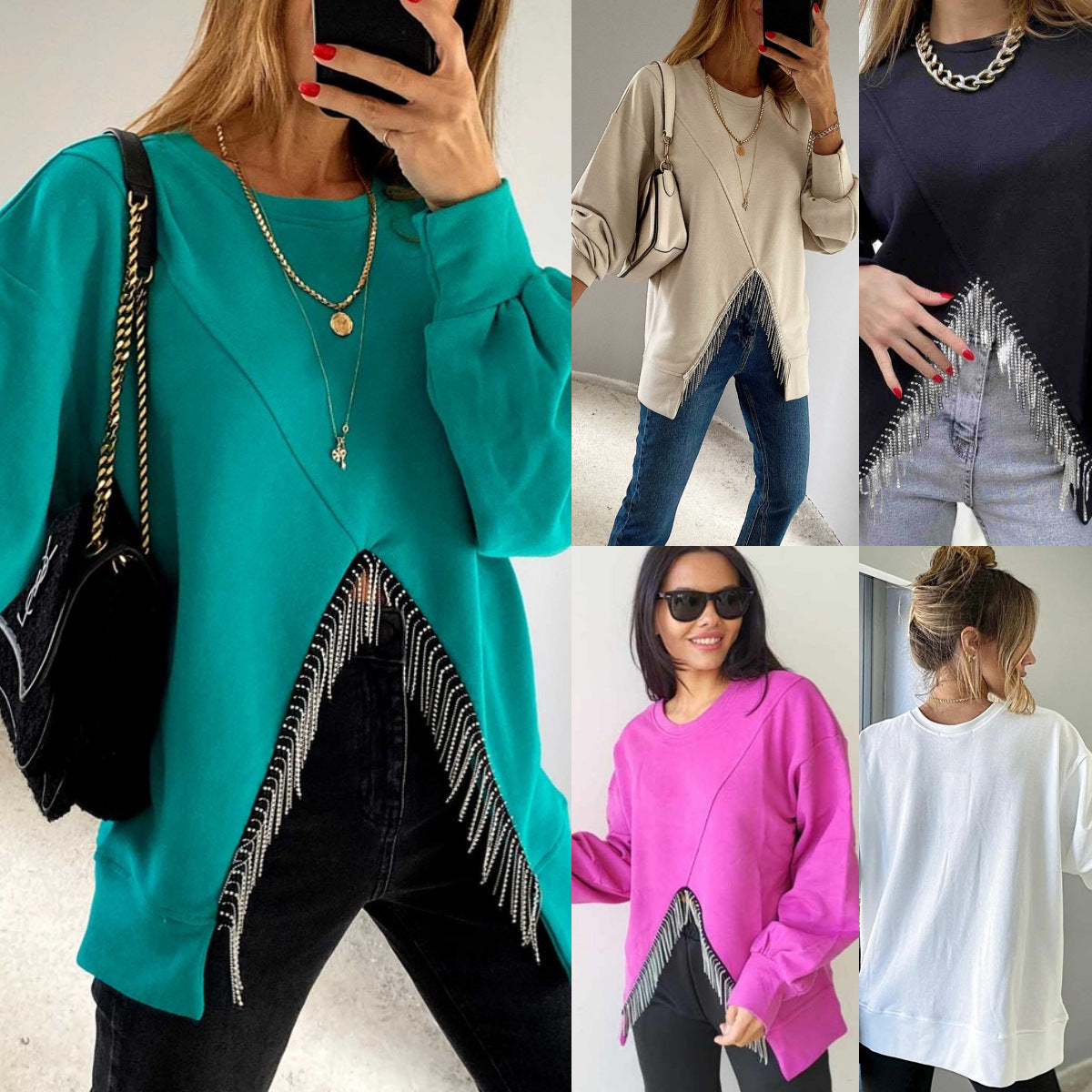 Split Rhinestone Tassel Sweater