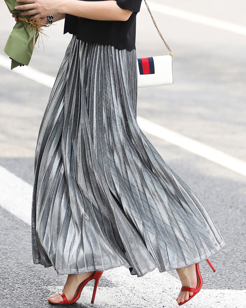 Accordion Pleated Metallic Maxi Skirt