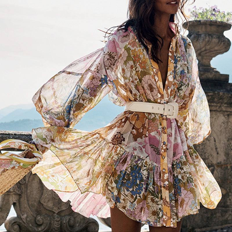 Boho Floral Sheer Lantern Sleeve Dress