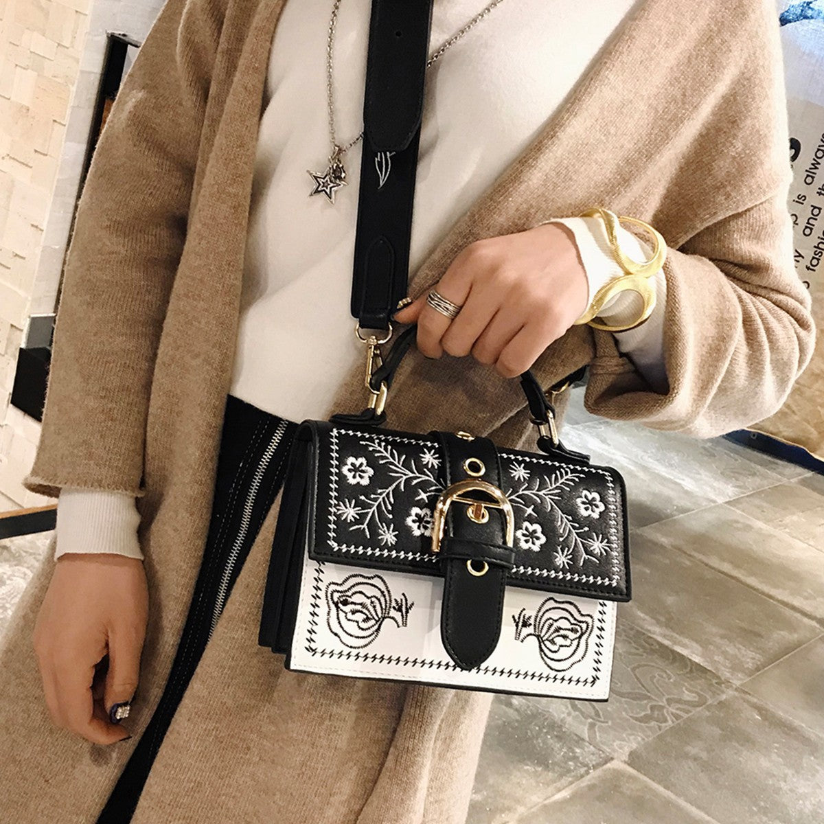 Embroidered Buckle 2 Tone Purse