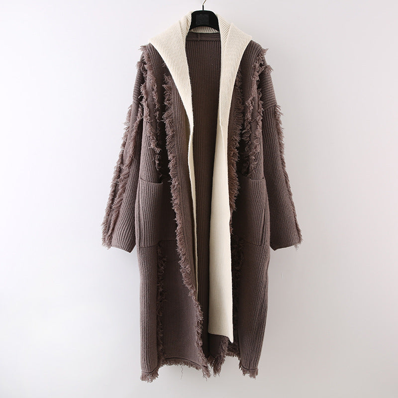 Hooded Tassel Knitted Cardigan Two-piece Overknee Sweater Coat