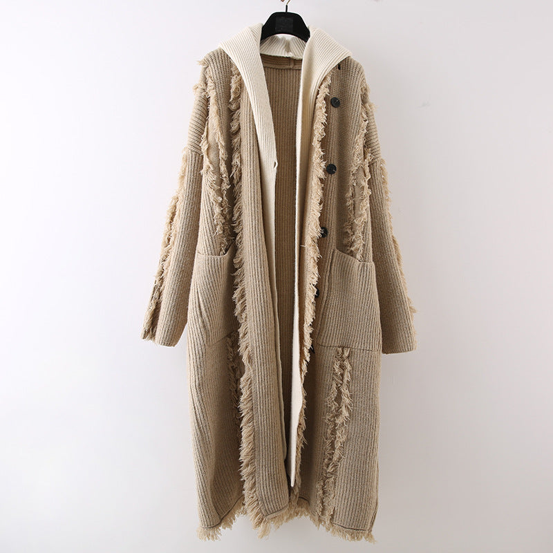 Hooded Tassel Knitted Cardigan Two-piece Overknee Sweater Coat