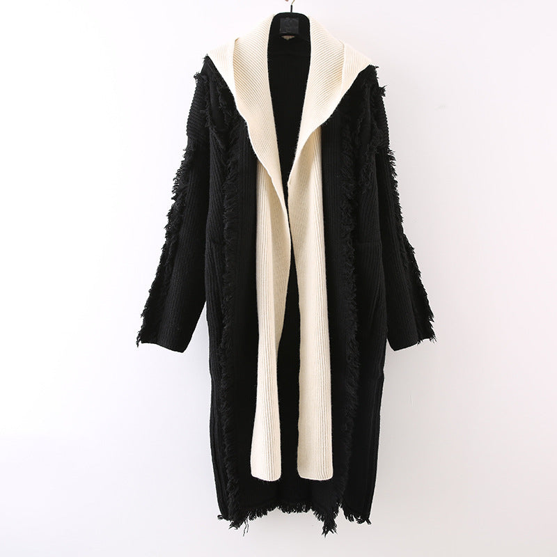 Hooded Tassel Knitted Cardigan Two-piece Overknee Sweater Coat