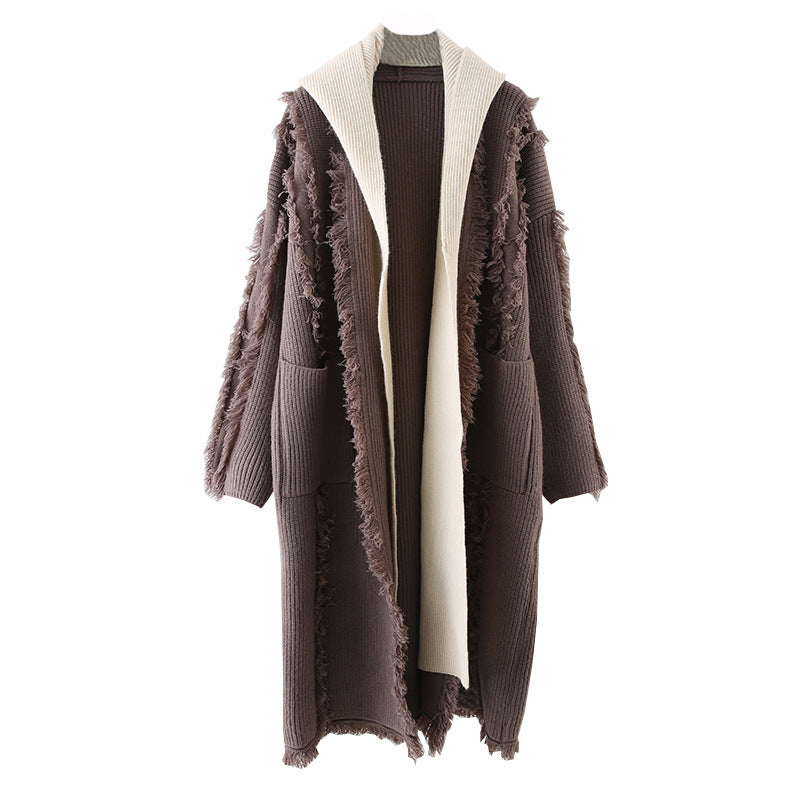 Hooded Tassel Knitted Cardigan Two-piece Overknee Sweater Coat