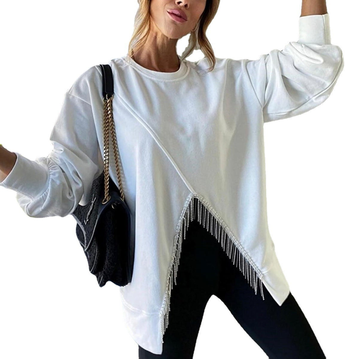 Split Rhinestone Tassel Sweater