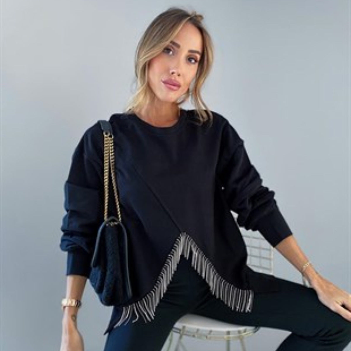 Split Rhinestone Tassel Sweater