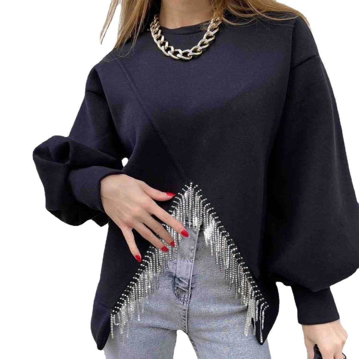 Split Rhinestone Tassel Sweater