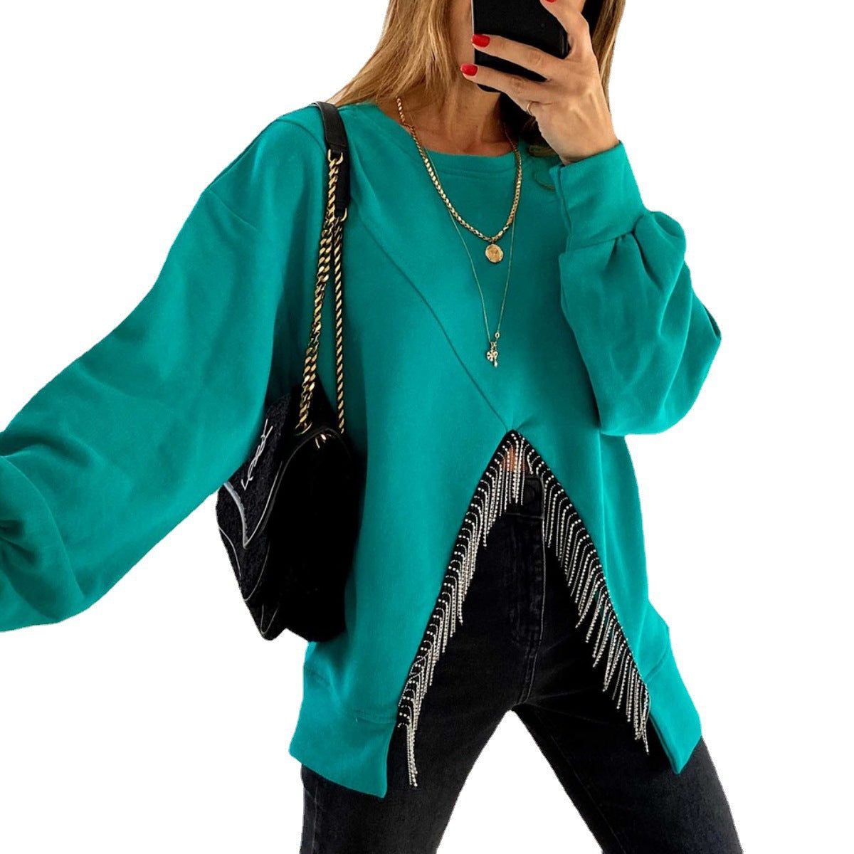 Split Rhinestone Tassel Sweater