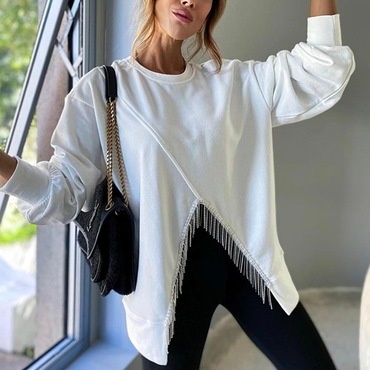 Split Rhinestone Tassel Sweater
